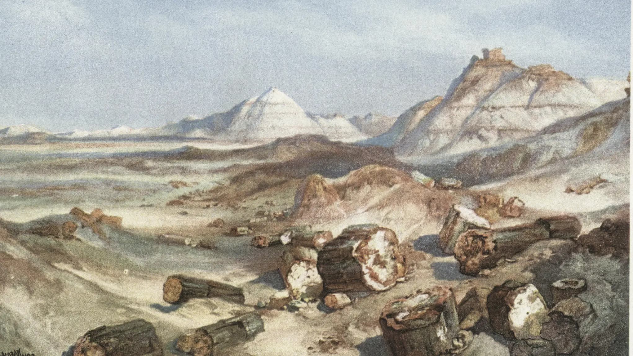 Petrified Forest, Arizona, On the Santa Fe, Arizona (NYPL b12647398-74426), landscape painting by Thomas Moran (1898).