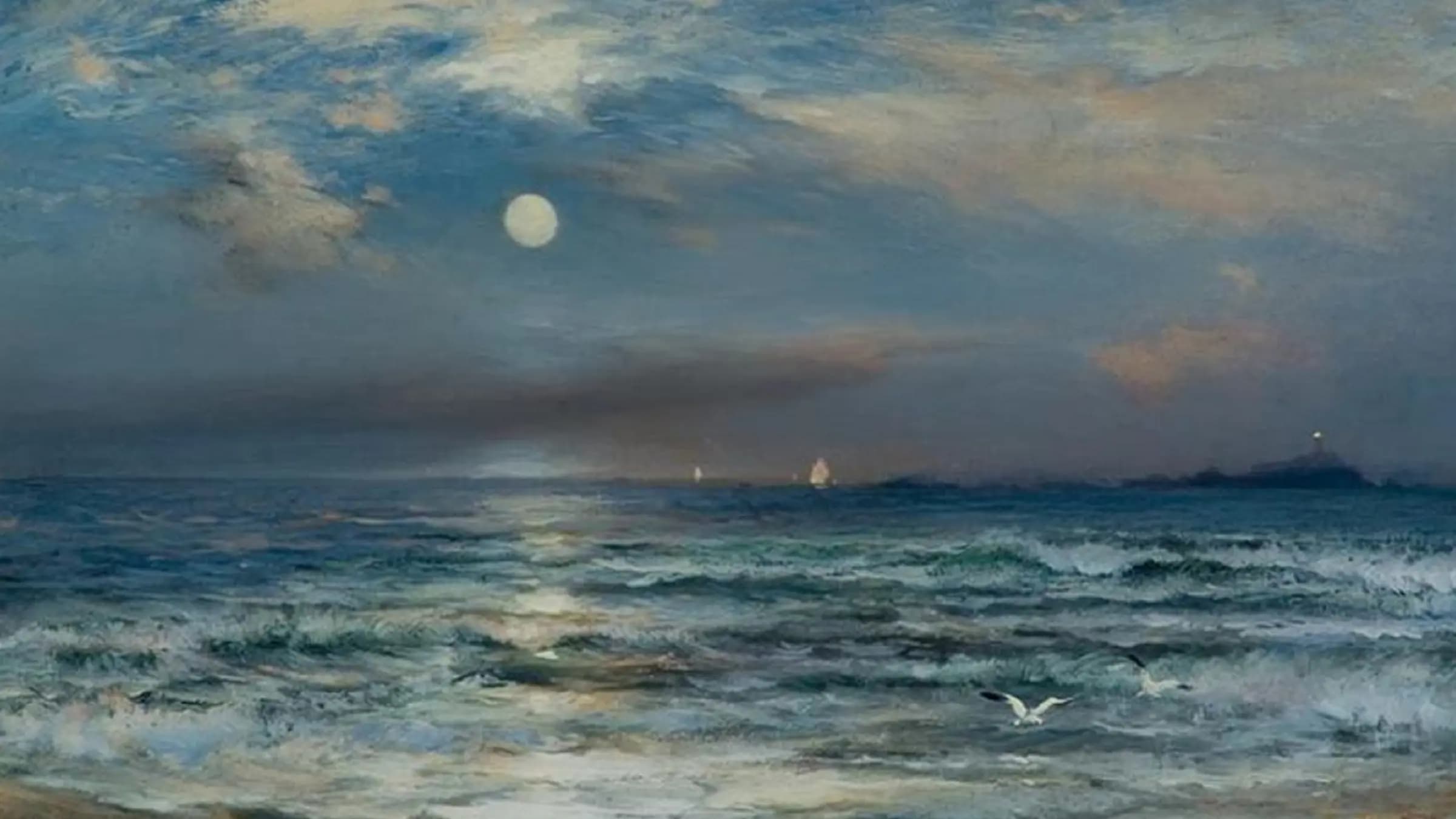 Moonlight seascape, landscape painting by Thomas Moran.