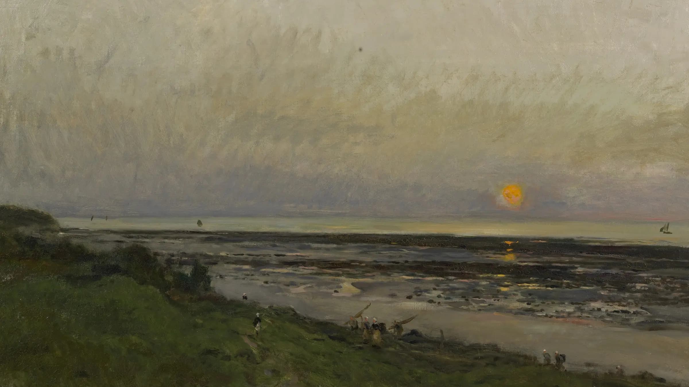 Ondergaande zon bij Villerville Sunset at Villerville, landscape painting by Charles-François Daubigny (1874).