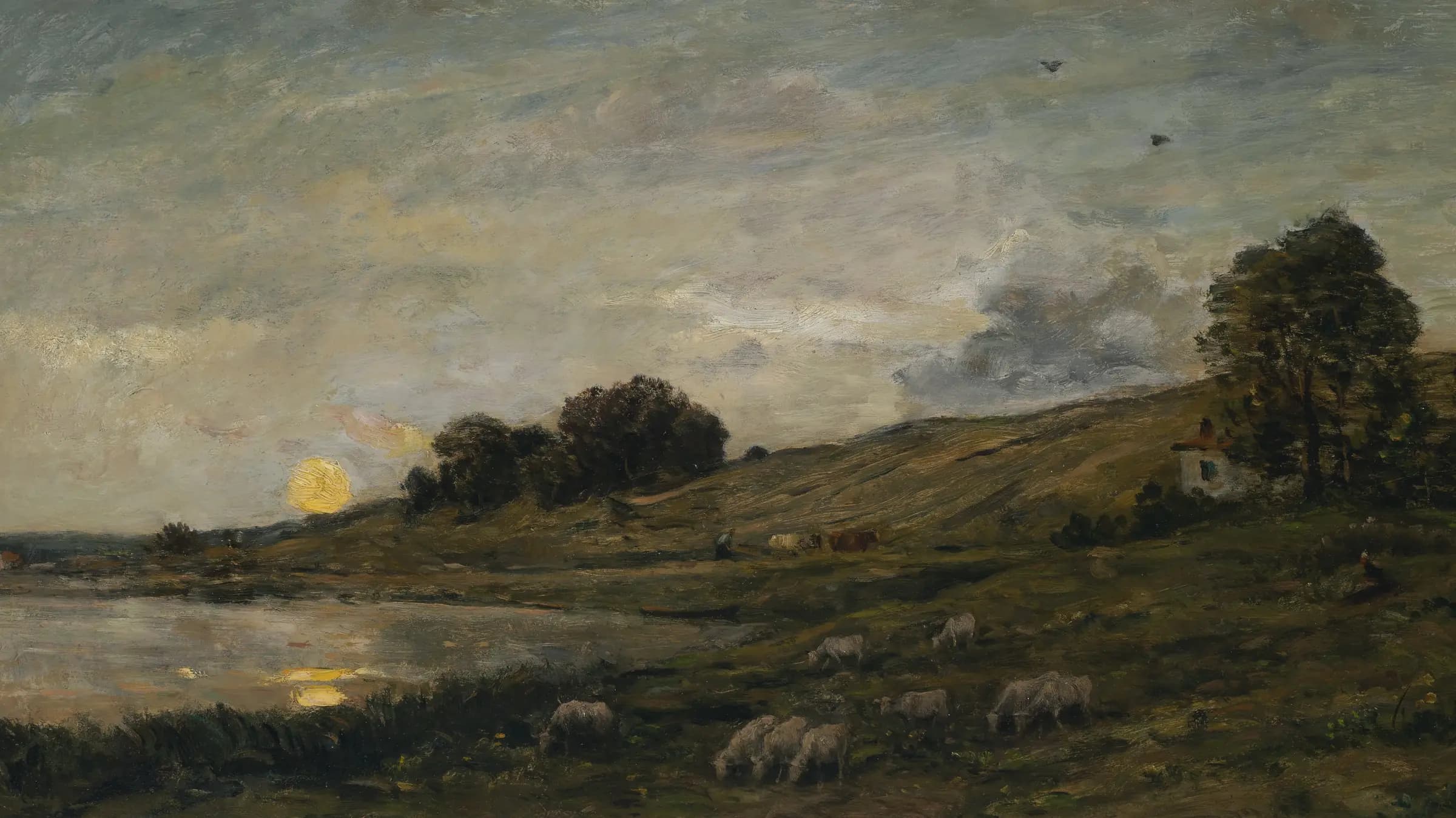 Troupeau de moutons au bord de la rivière, landscape painting by Charles-François Daubigny.