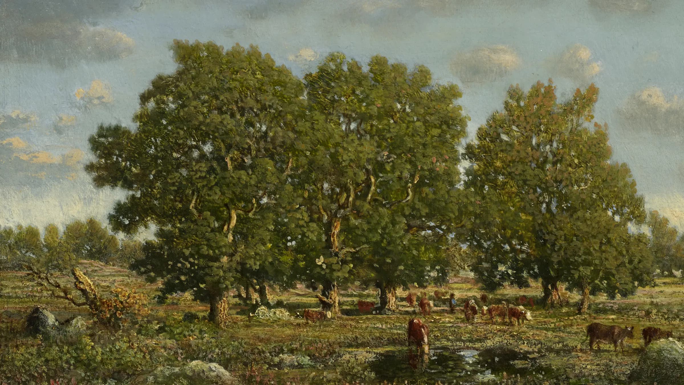 Landscape with Cows and Oaks, landscape painting by Théodore Rousseau (1860).