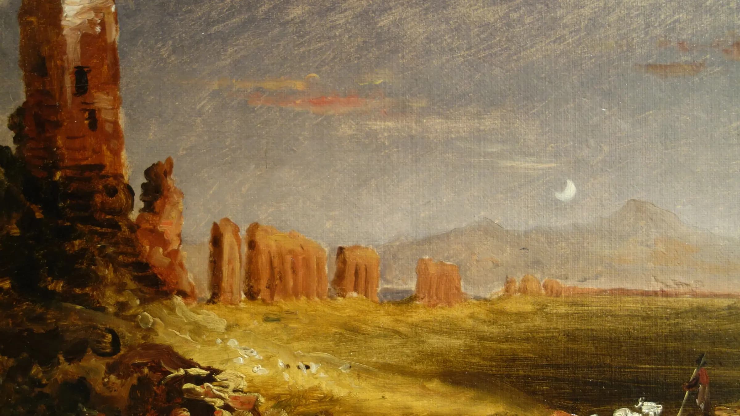Sketch for 'Aqueduct near Rome' by Thomas Cole, c. 1832, oil on paper on canvas - New Britain Museum of American Art - DSC09293, landscape painting by Thomas.