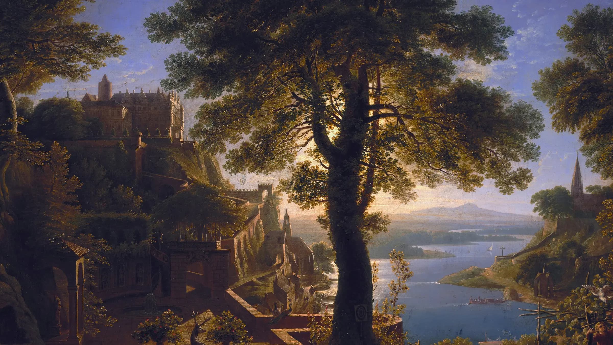 Schloß am StromCastle by the River, landscape painting by Karl Friedrich Schinkel (1820).