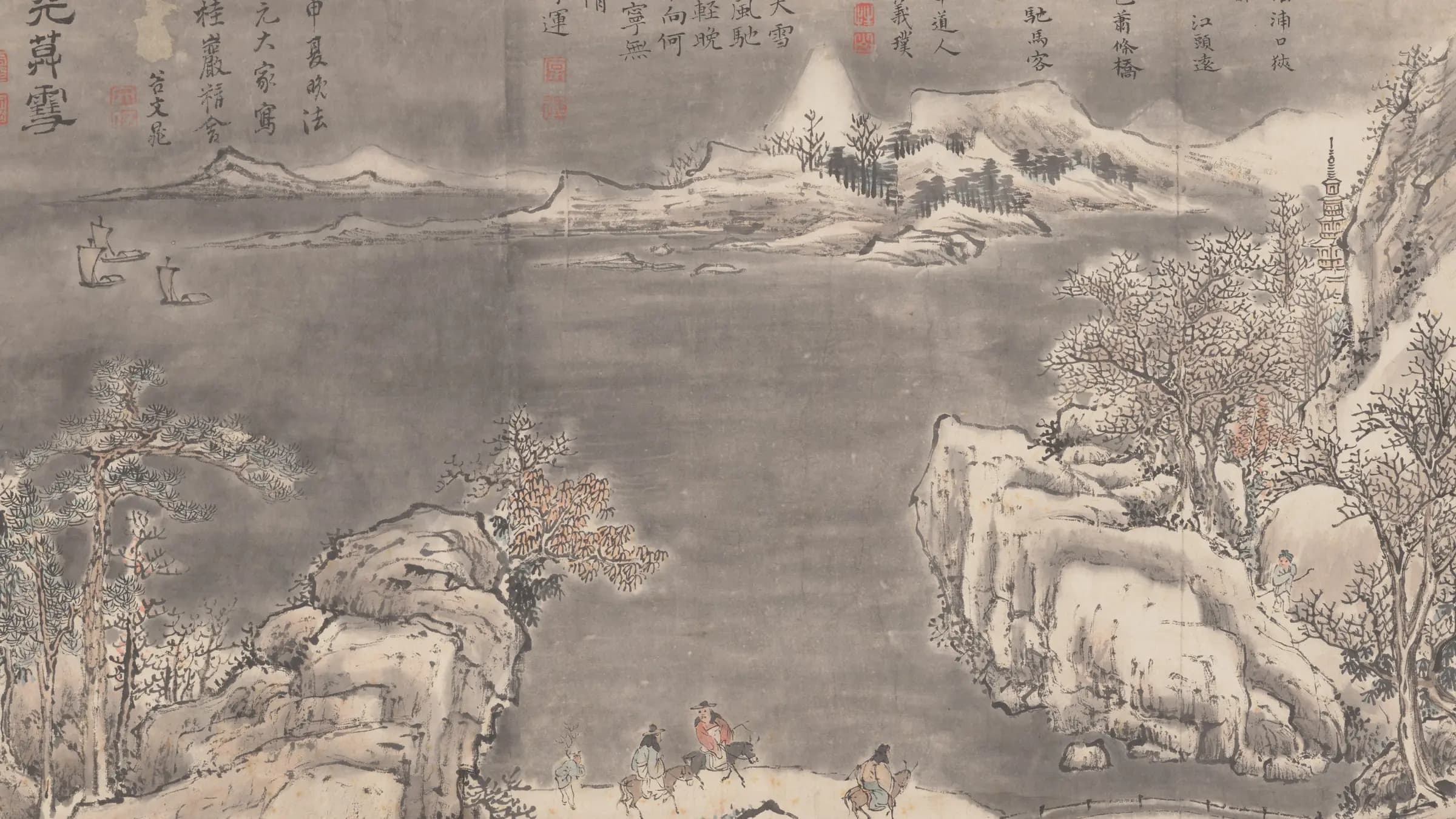 Evening Snow Blending River and Sky, from Eight Views of Xiao-Xiang, landscape painting by Tani Bunchō (1788).