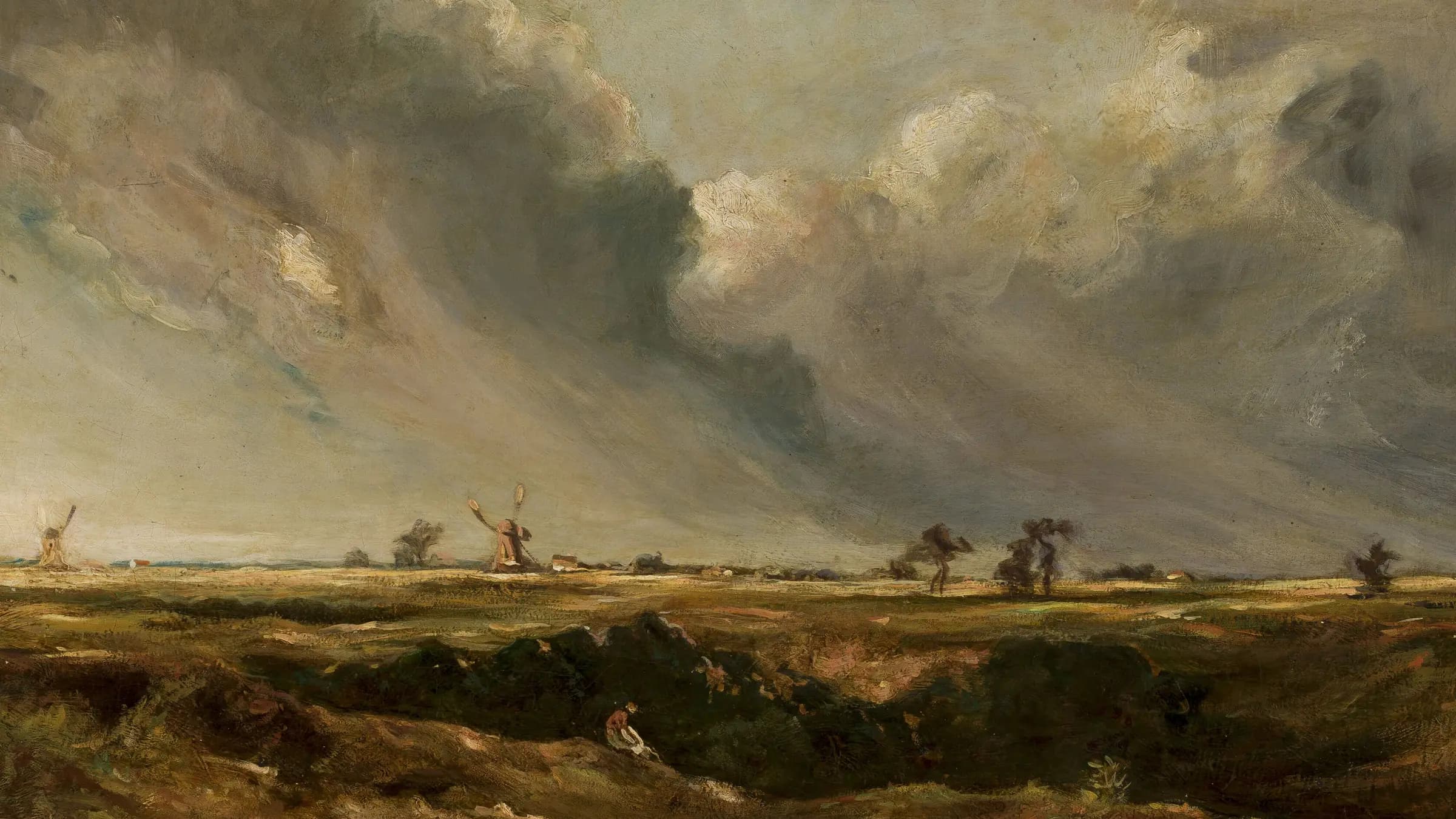 Landscape with windmills, landscape painting by John Crome.