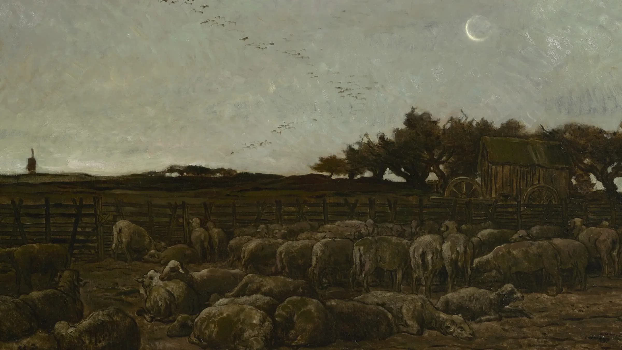 Sheepfold at daybreak, landscape painting by Charles-François Daubigny (1861).