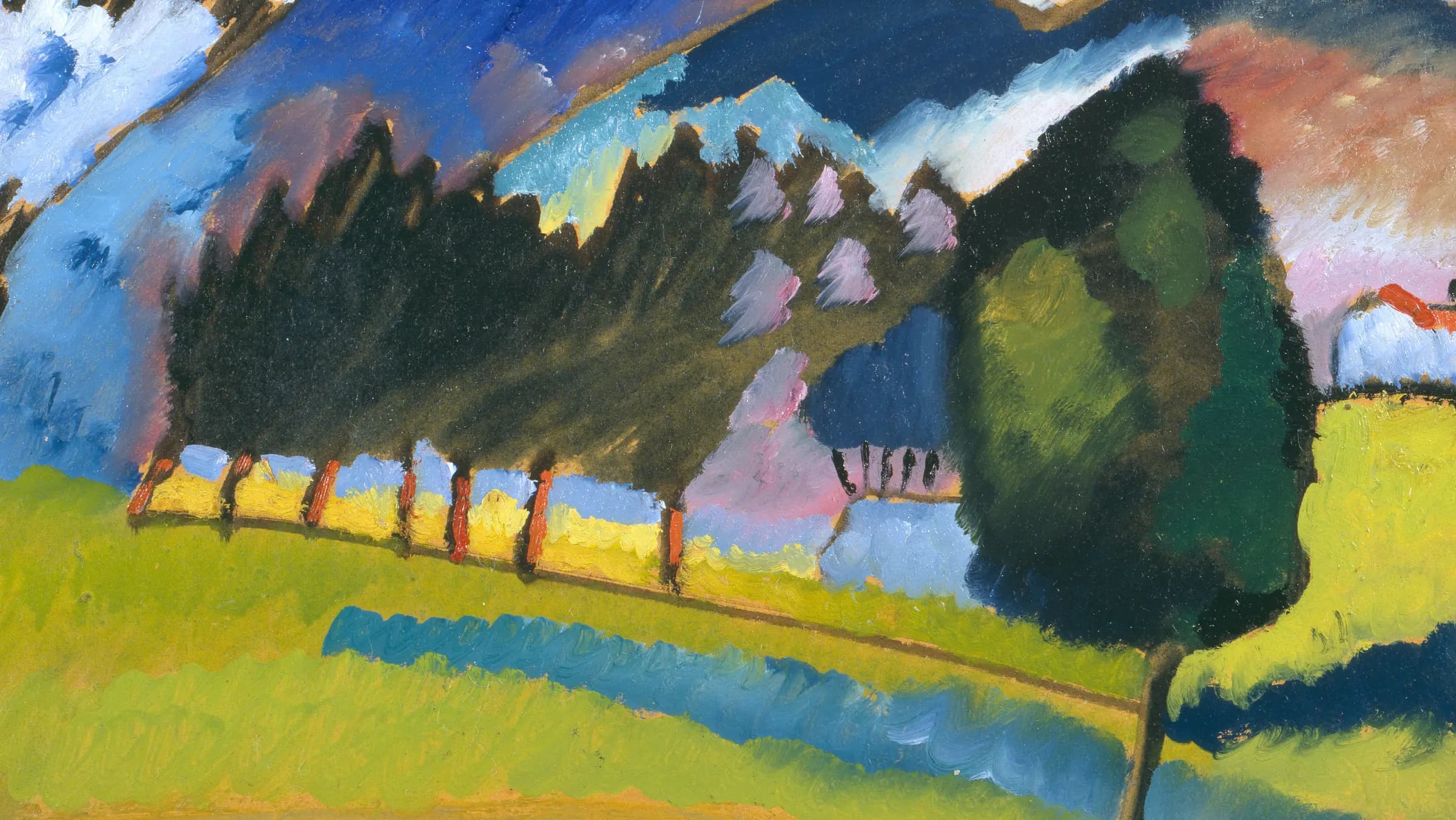 Landschaft mit bewegten Bergen Landscape with Rolling Hills, landscape painting by Wassily Kandinsky (1910).