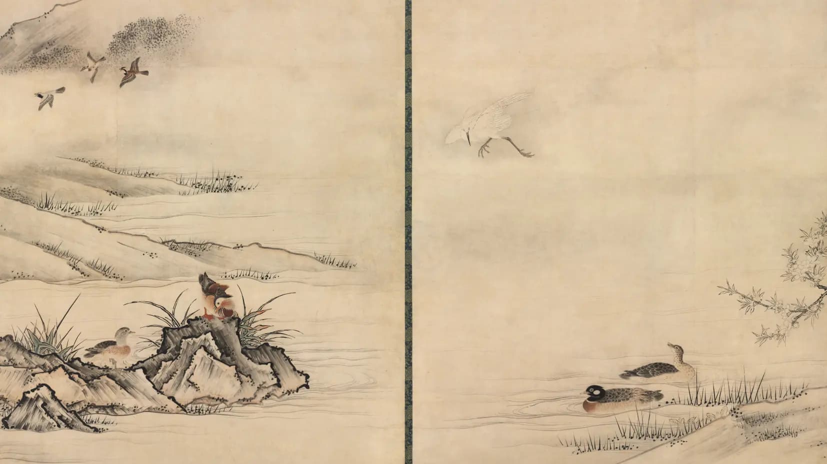 Flowers and Birds in a Spring Landscape, landscape painting by Kano Motonobu (1500).