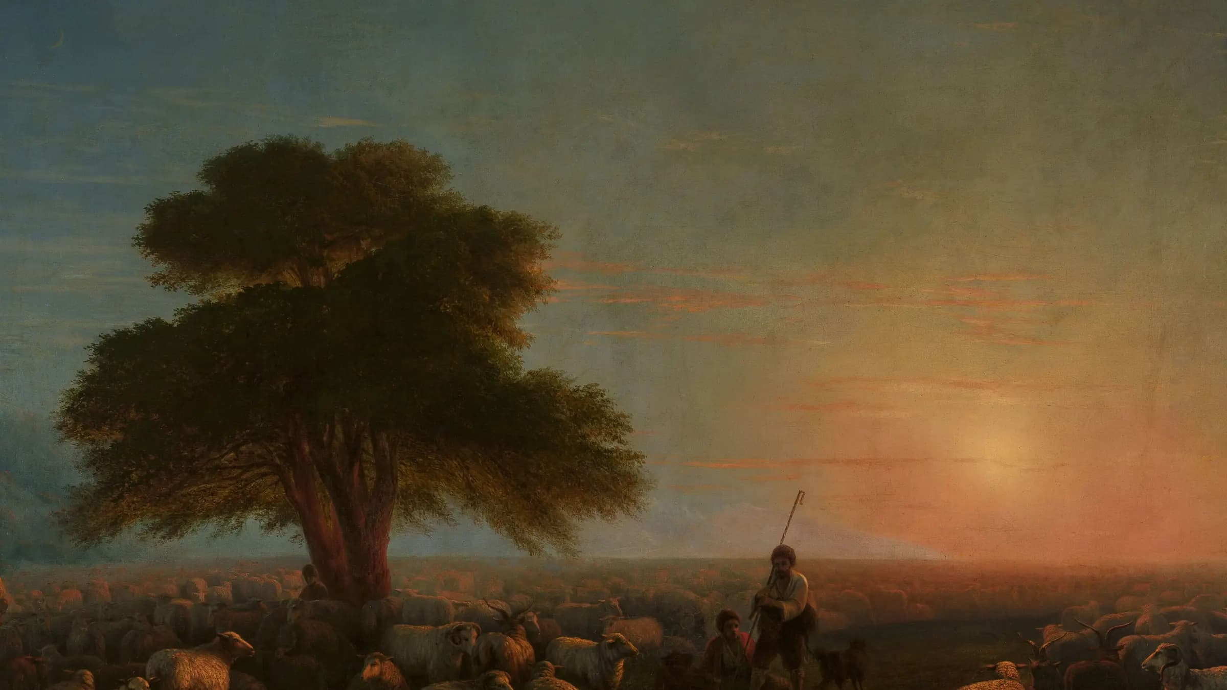 Shepherds with a flock of sheep, landscape painting by Ivan Aivazovsky (1872).