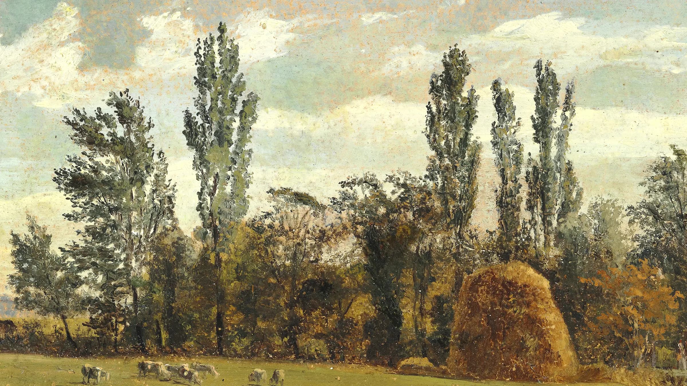 Landscape with haystack, tall trees, grazing sheep. In the vicinity of Copenhagen., landscape painting by Christen Købke (1836).