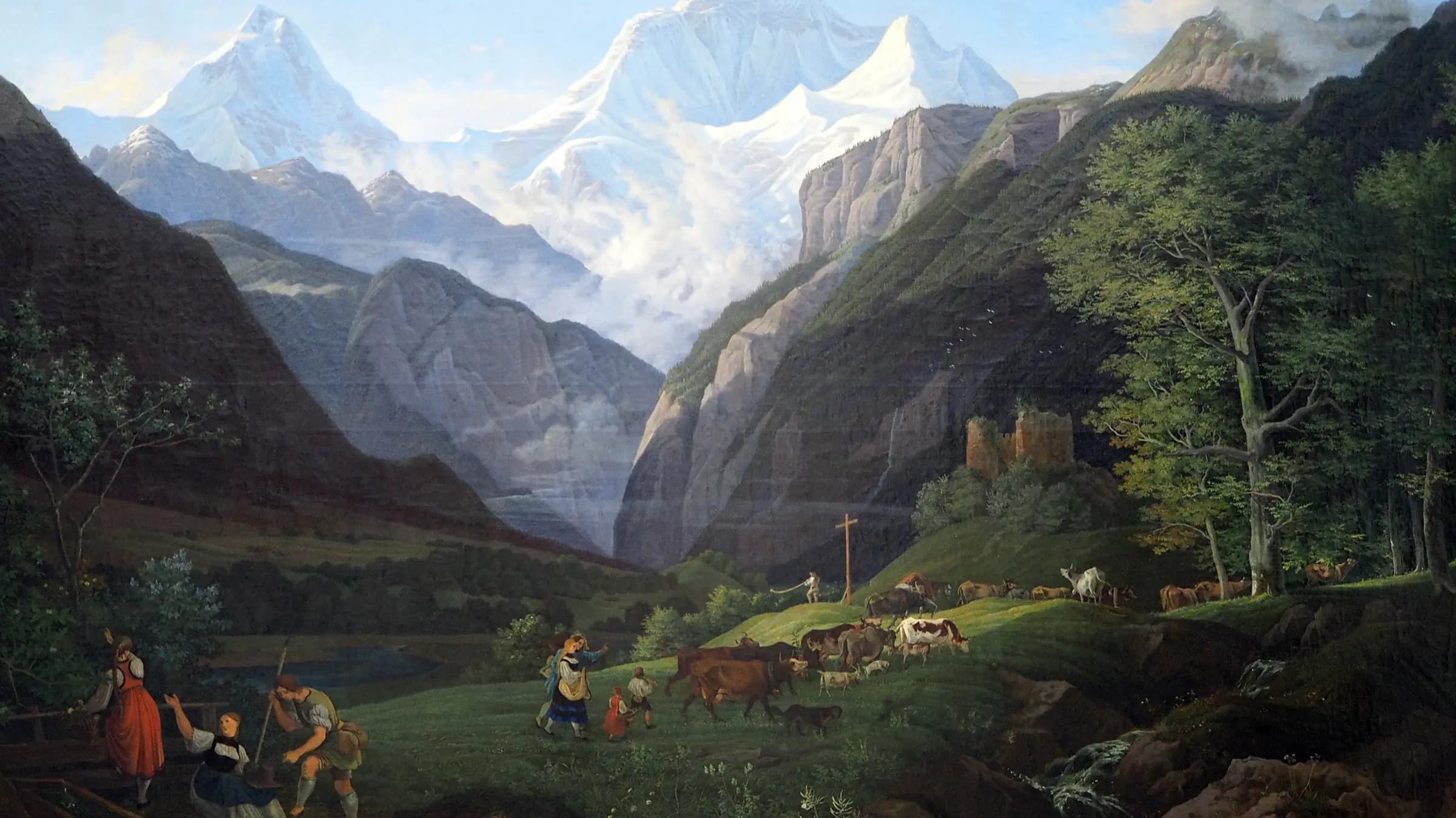 Frühlingsmorgen im Lauterbrunner Tal (Auszug der Sennen), landscape painting by Ludwig Richter (1827).
