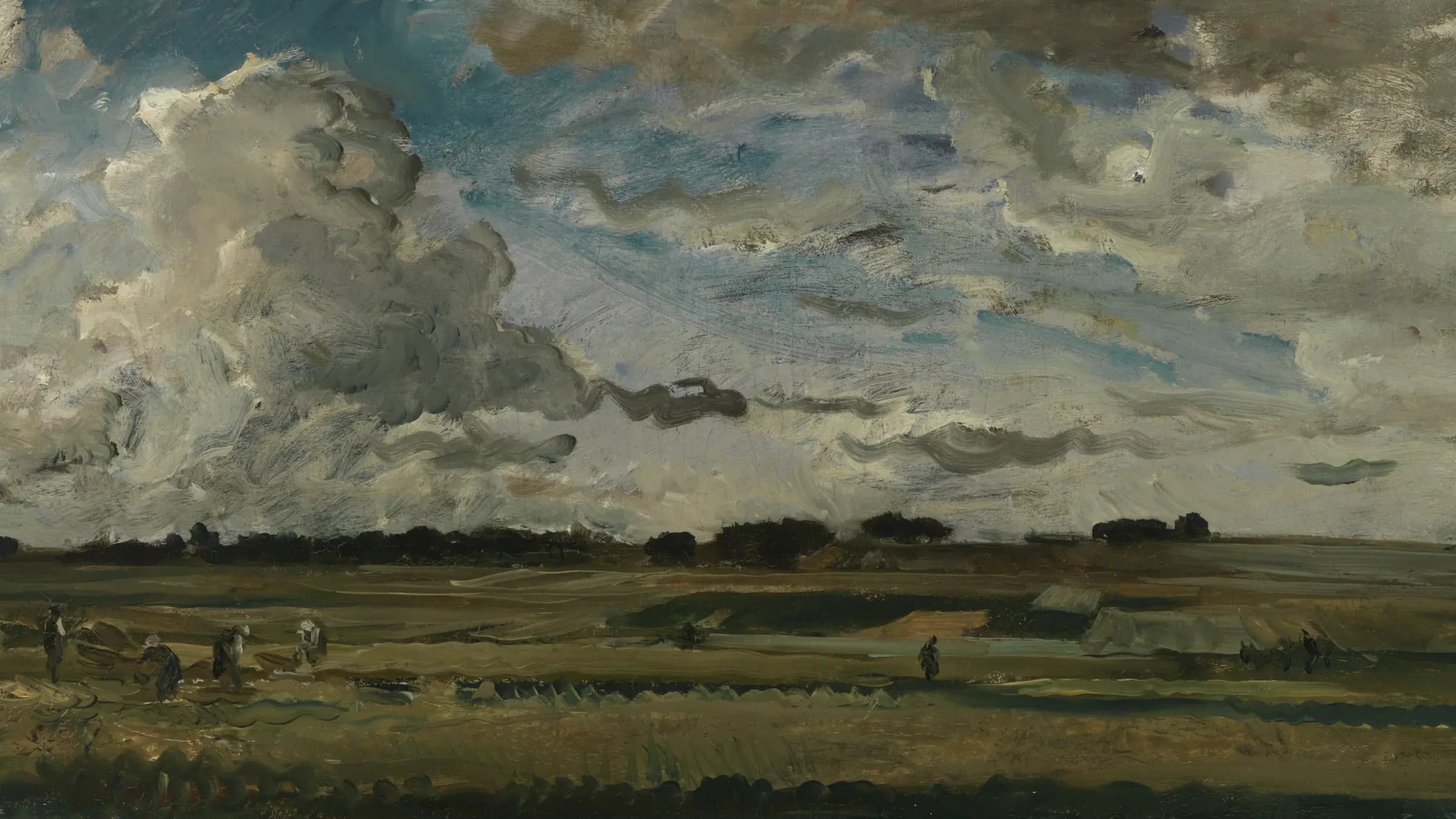 De oogsters (Paysage aux Moissonneurs)., landscape painting by Charles-François Daubigny (1875).