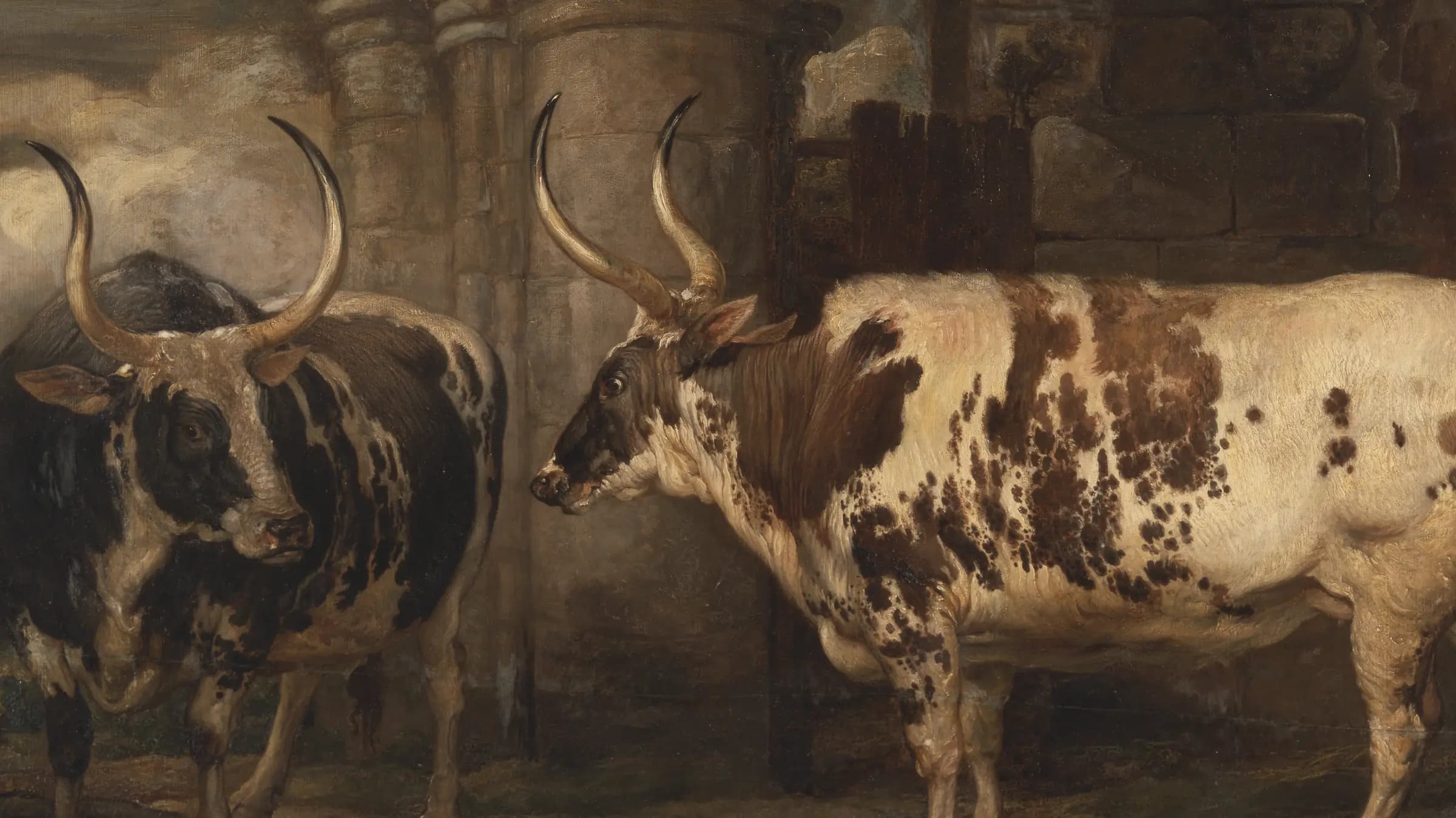 Portraits of two extraordinary oxen, the property of the Earl of Powis, landscape painting by James Ward (1814).