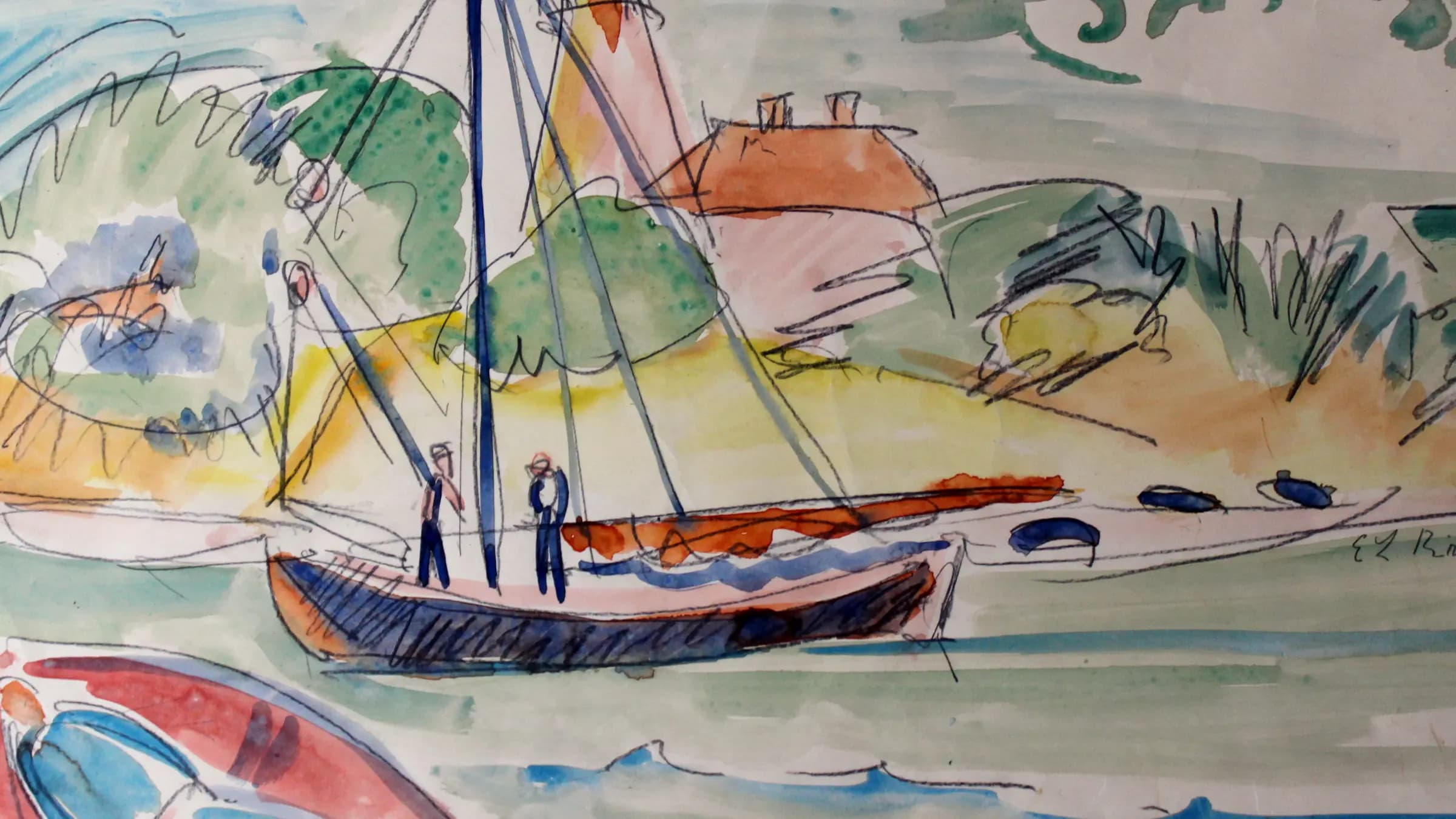 Coastline of Fehmarn with lighthouse, landscape painting by Ernst Ludwig Kirchner (1912).