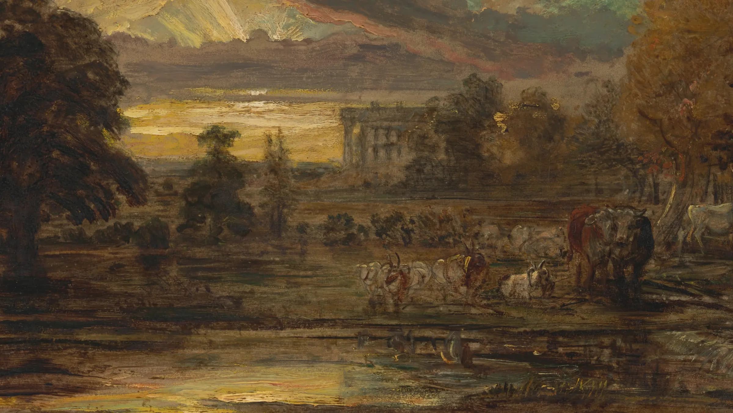 Cattle at a Pool at Sunrise, landscape painting by James Ward (1827).