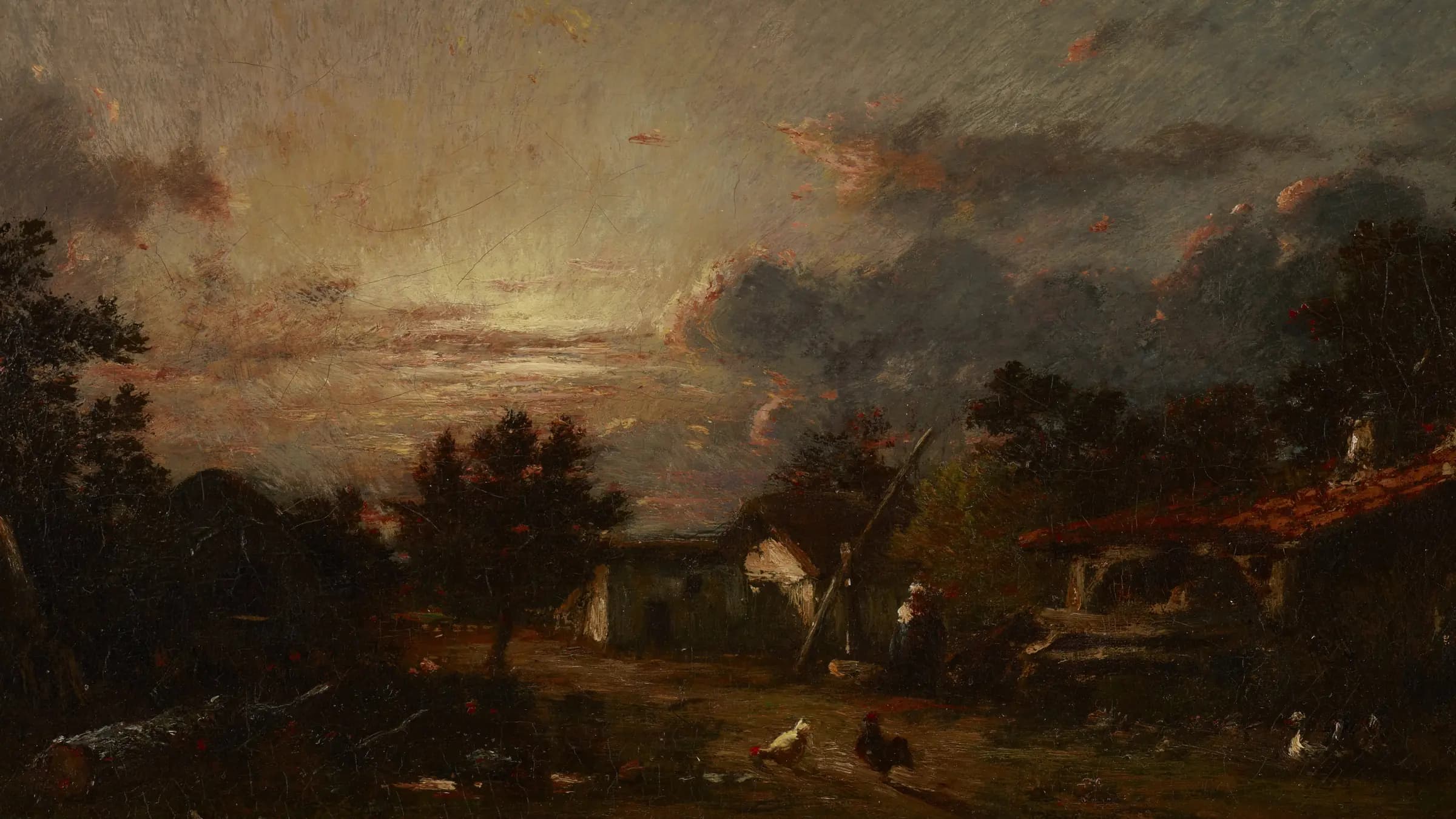Village Scene, Sunset, landscape painting by Jules Dupré (1870).