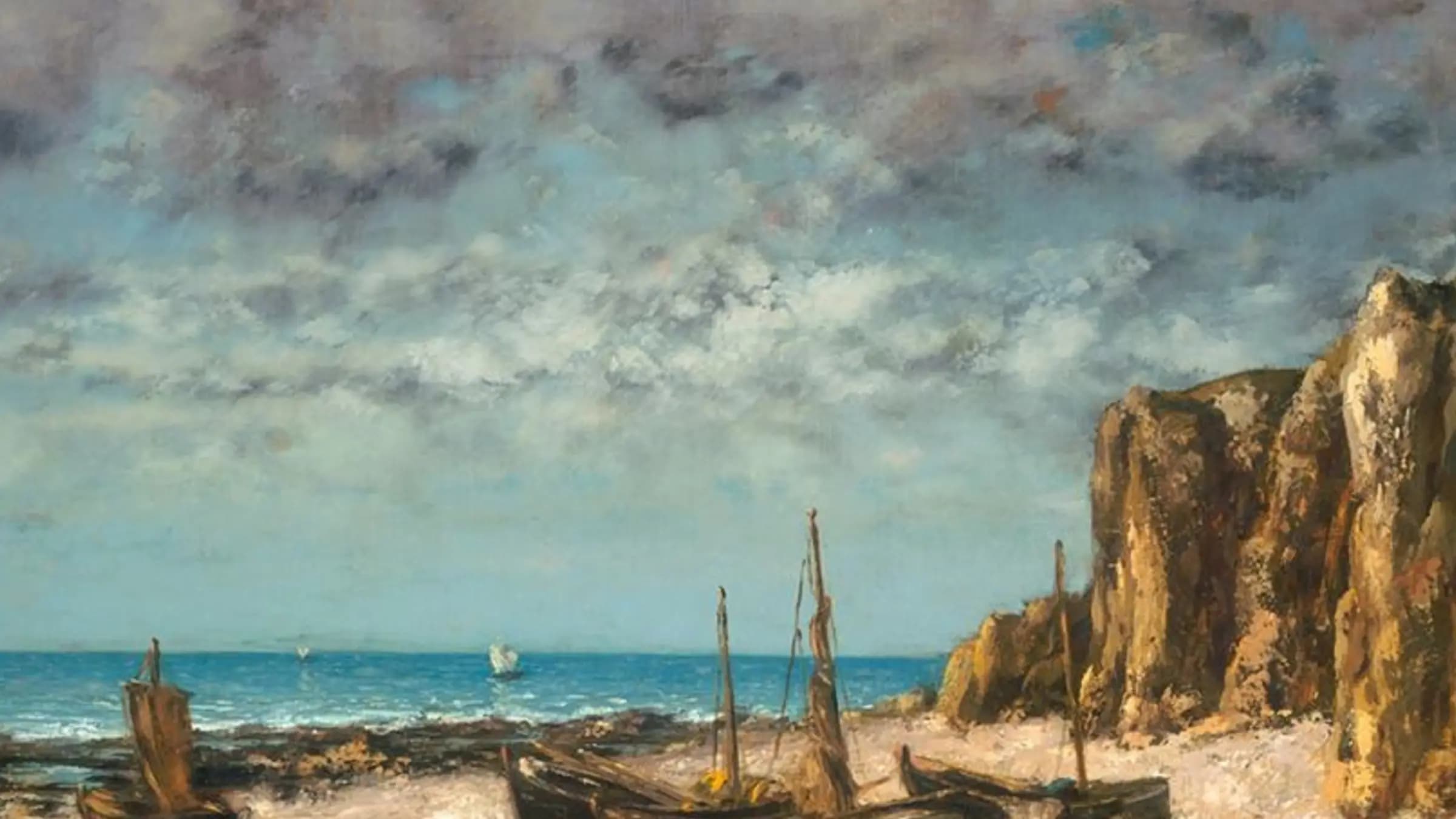 Boats on a Beach, landscape painting by Gustave Courbet.