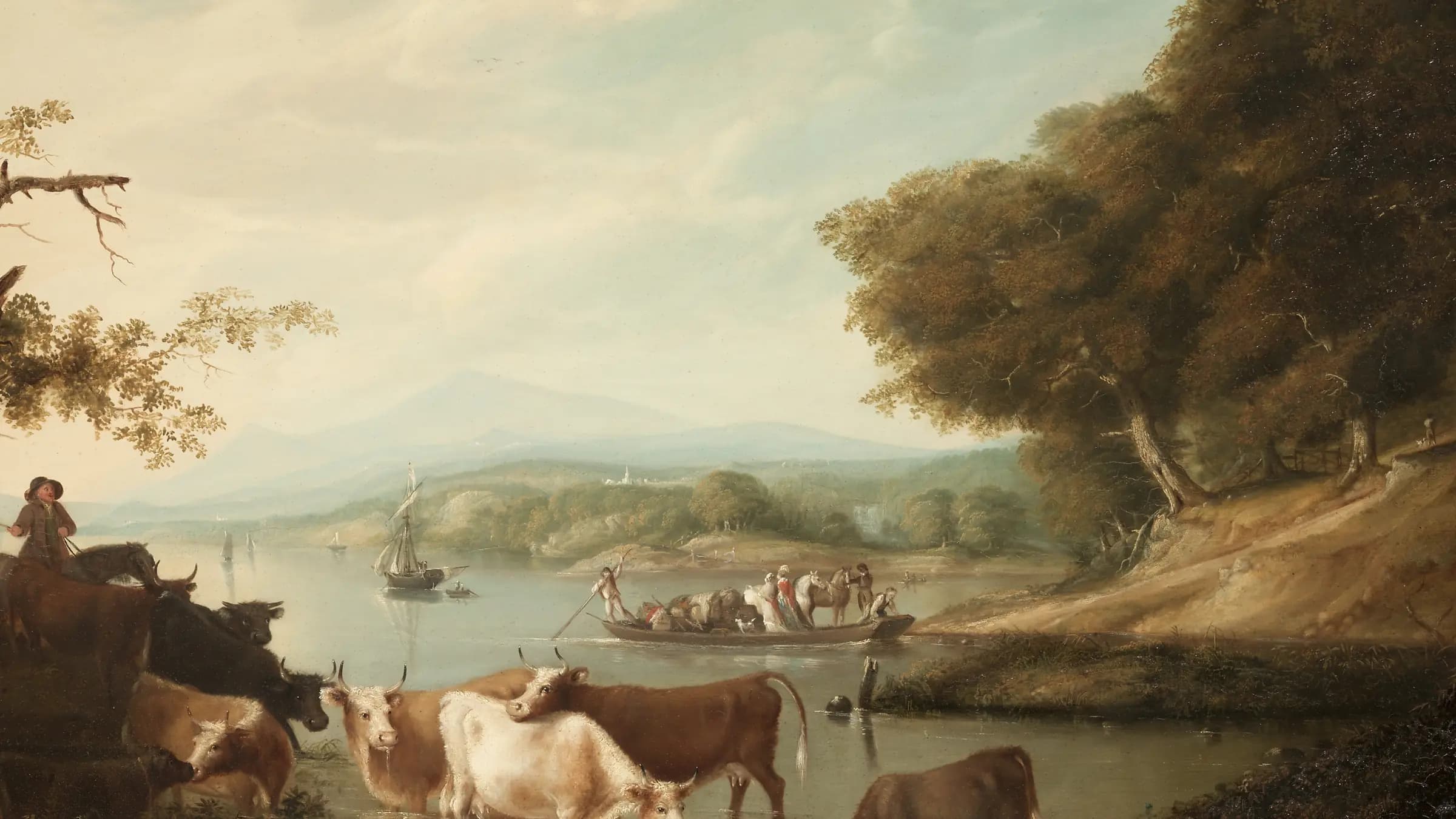 A Calm Watering Place--Extensive and Boundless Scene with Cattle, landscape painting by Alvan Fisher (1816).