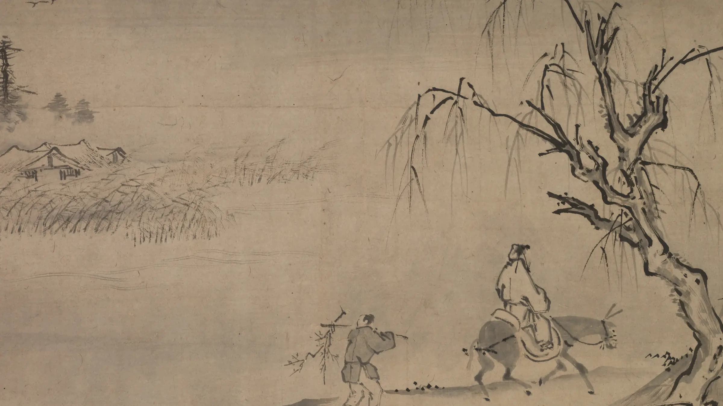 Chinese Literatus in an Autumn Landscape, landscape painting by Josui Sōen (1475).