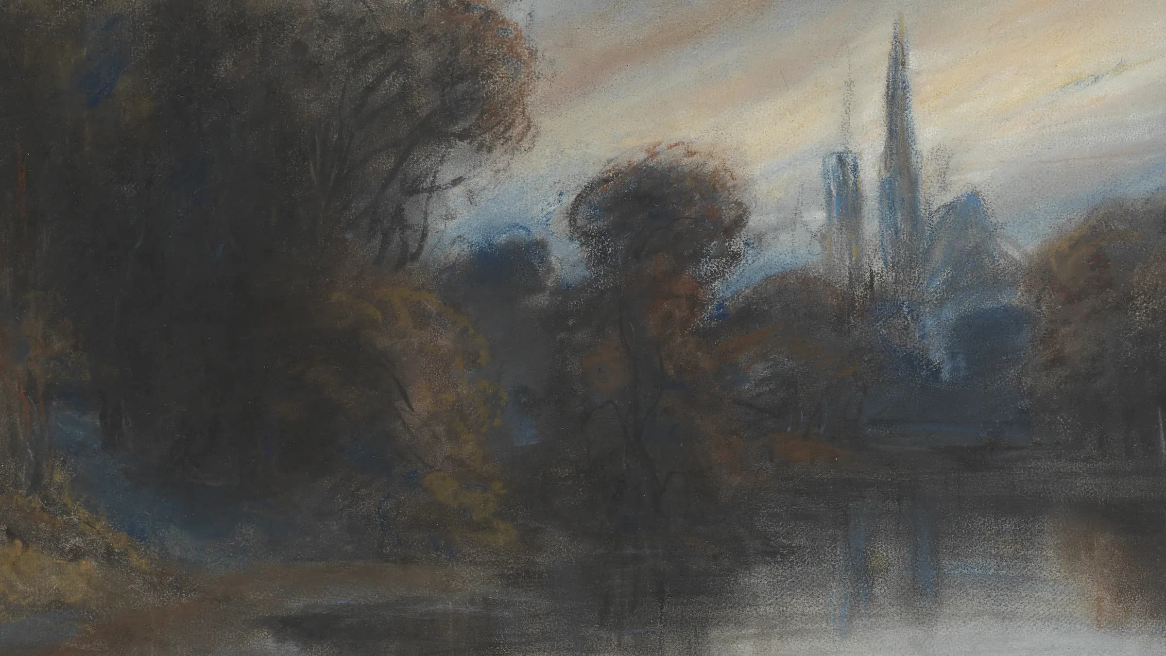 An Abbey by a Wooded Lake at Twilight, landscape painting by Paul Huet (1831).