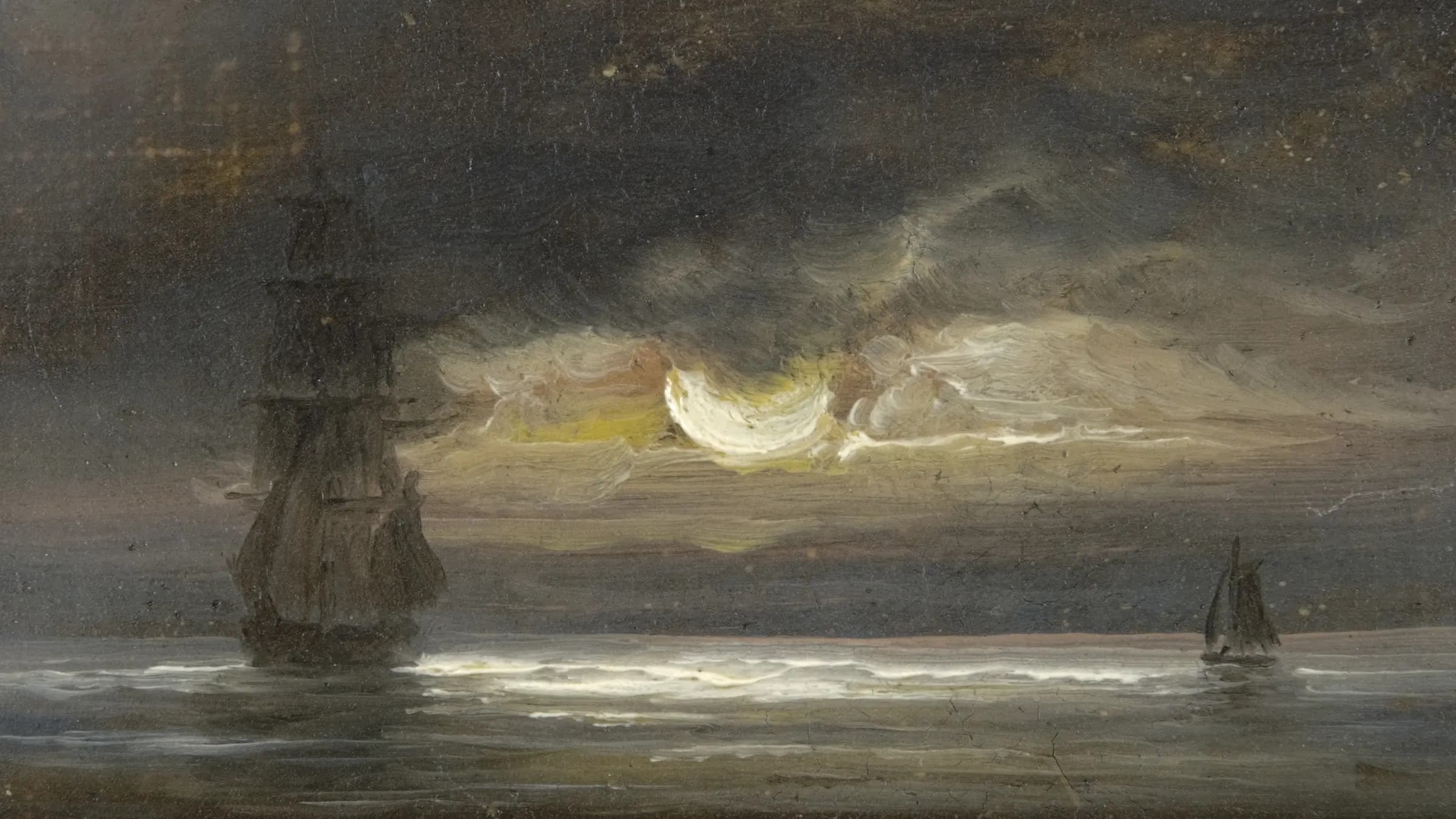 Two sailing boats by moonlight, landscape painting by Peder Balke (1843).