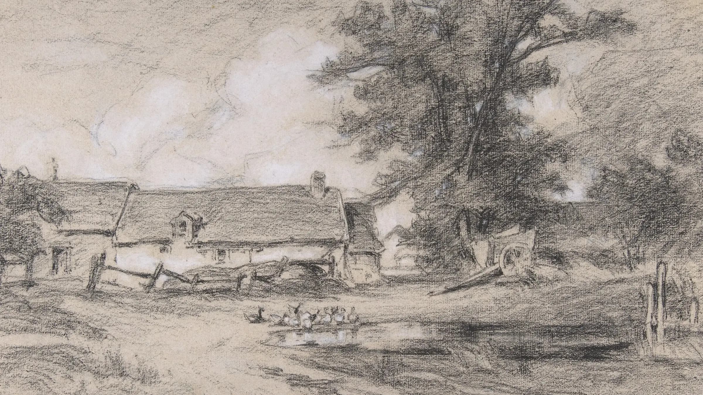 Farmyard with Ducks, landscape painting by Jules Dupré.