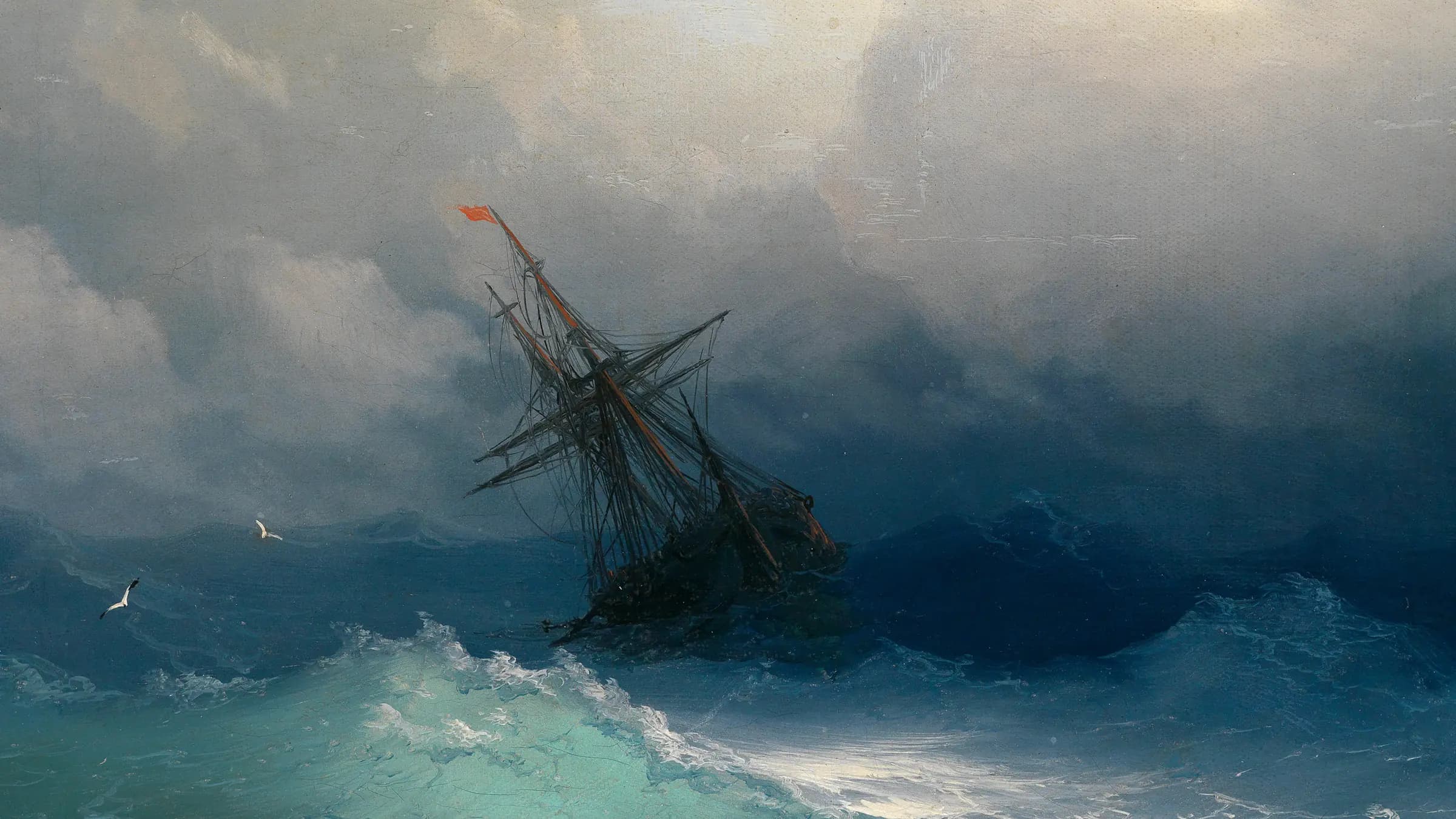 Ship on Stormy Seas, landscape painting by Ivan Aivazovsky (1850).