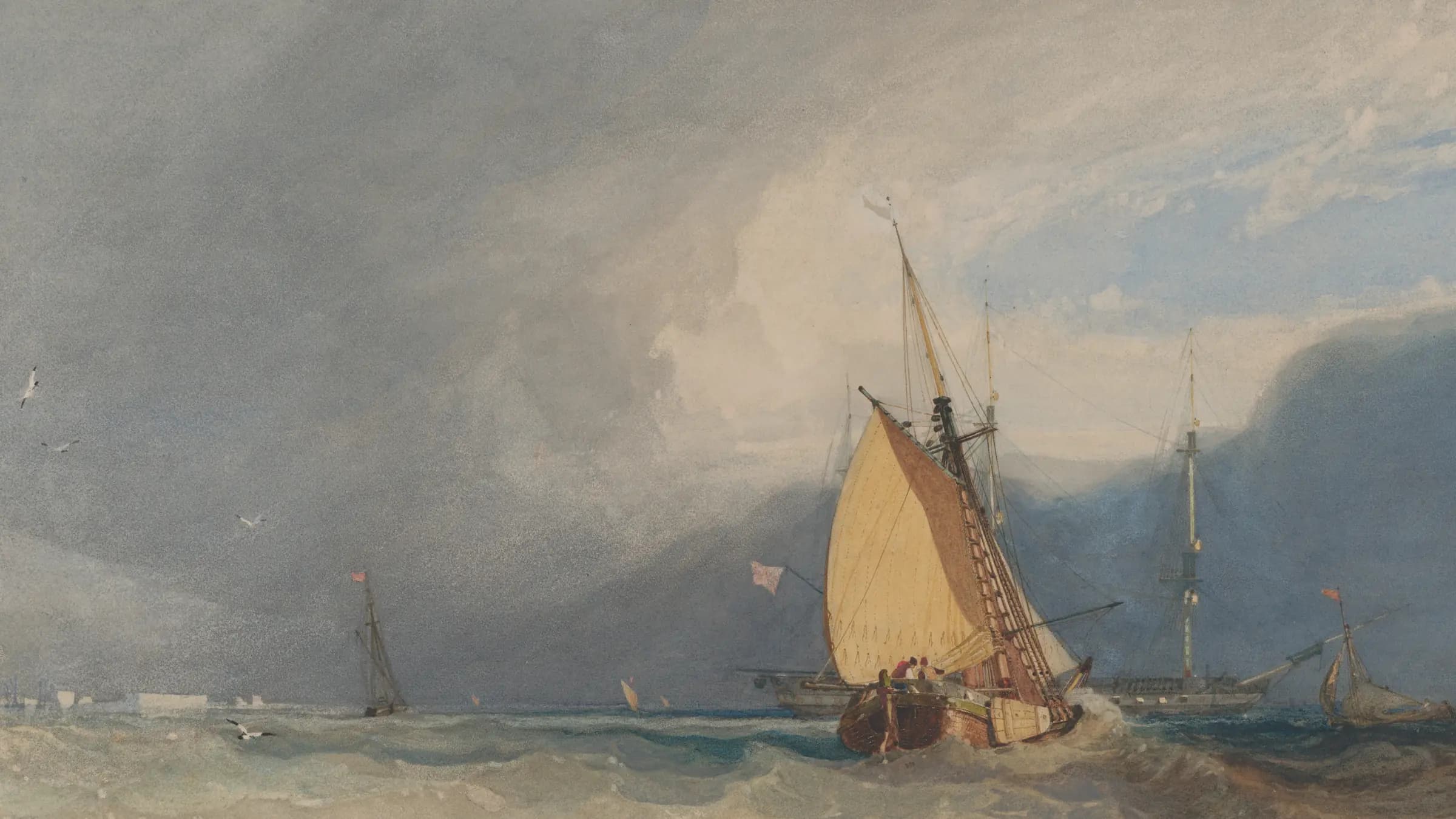 Boats off the Coast, Storm Approaching, landscape painting by John Sell Cotman (1830).