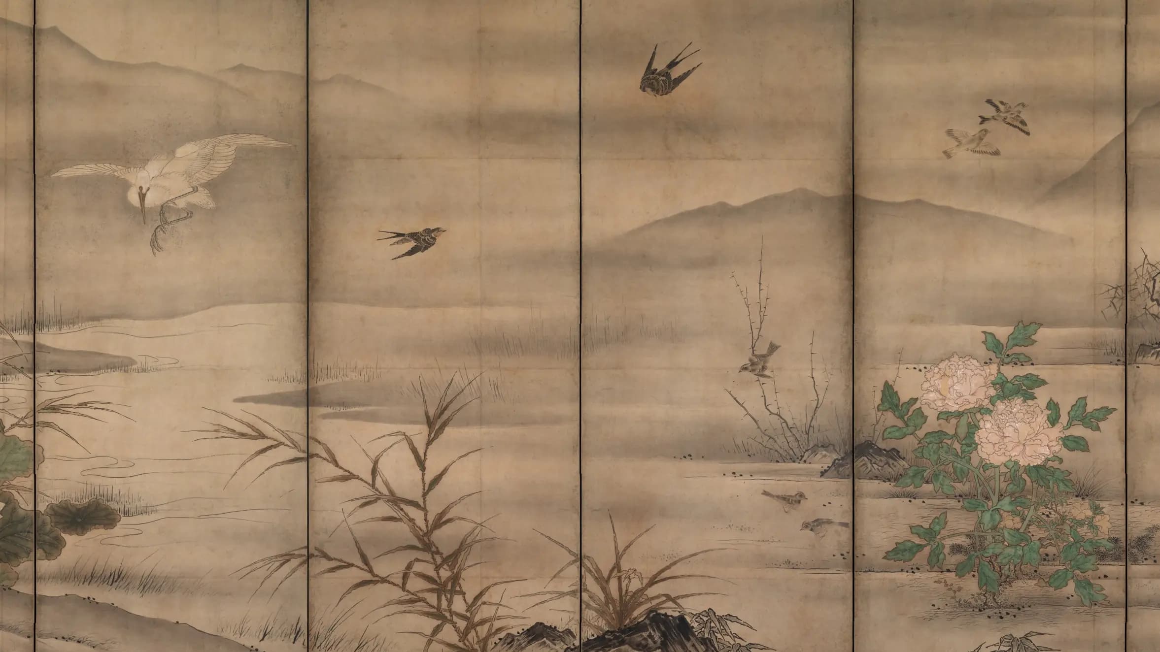 Birds and Flowers in a Landscape of the Four Seasons, landscape painting by Sesshū Tōyō (1550).