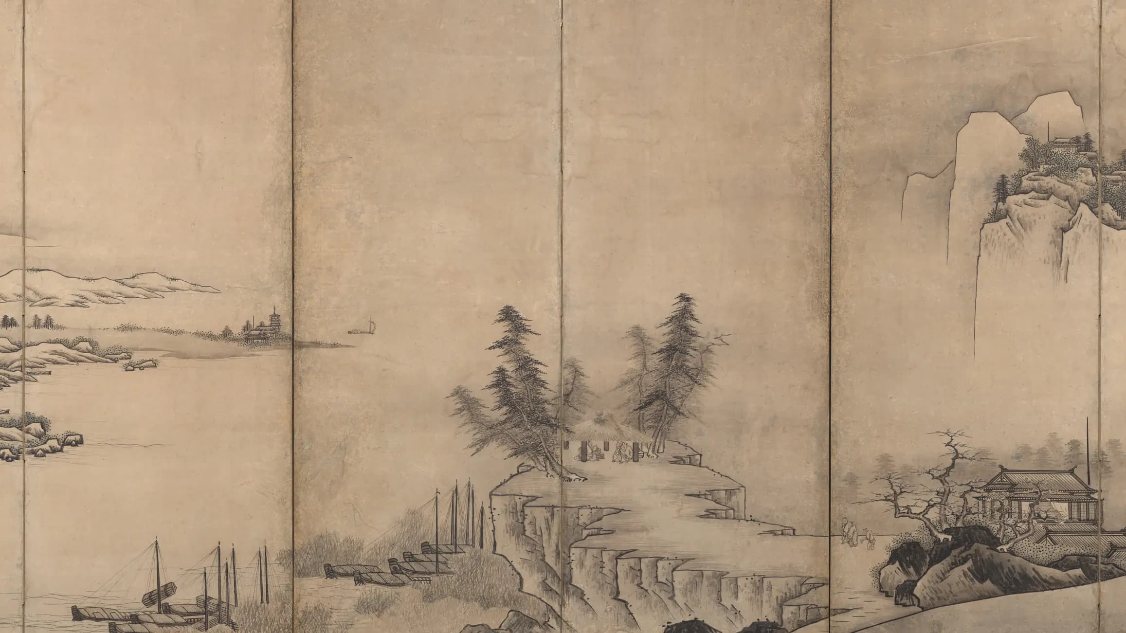 Chinese Pavilions in a Landscape, landscape painting by Unkoku Tōeki (1600).
