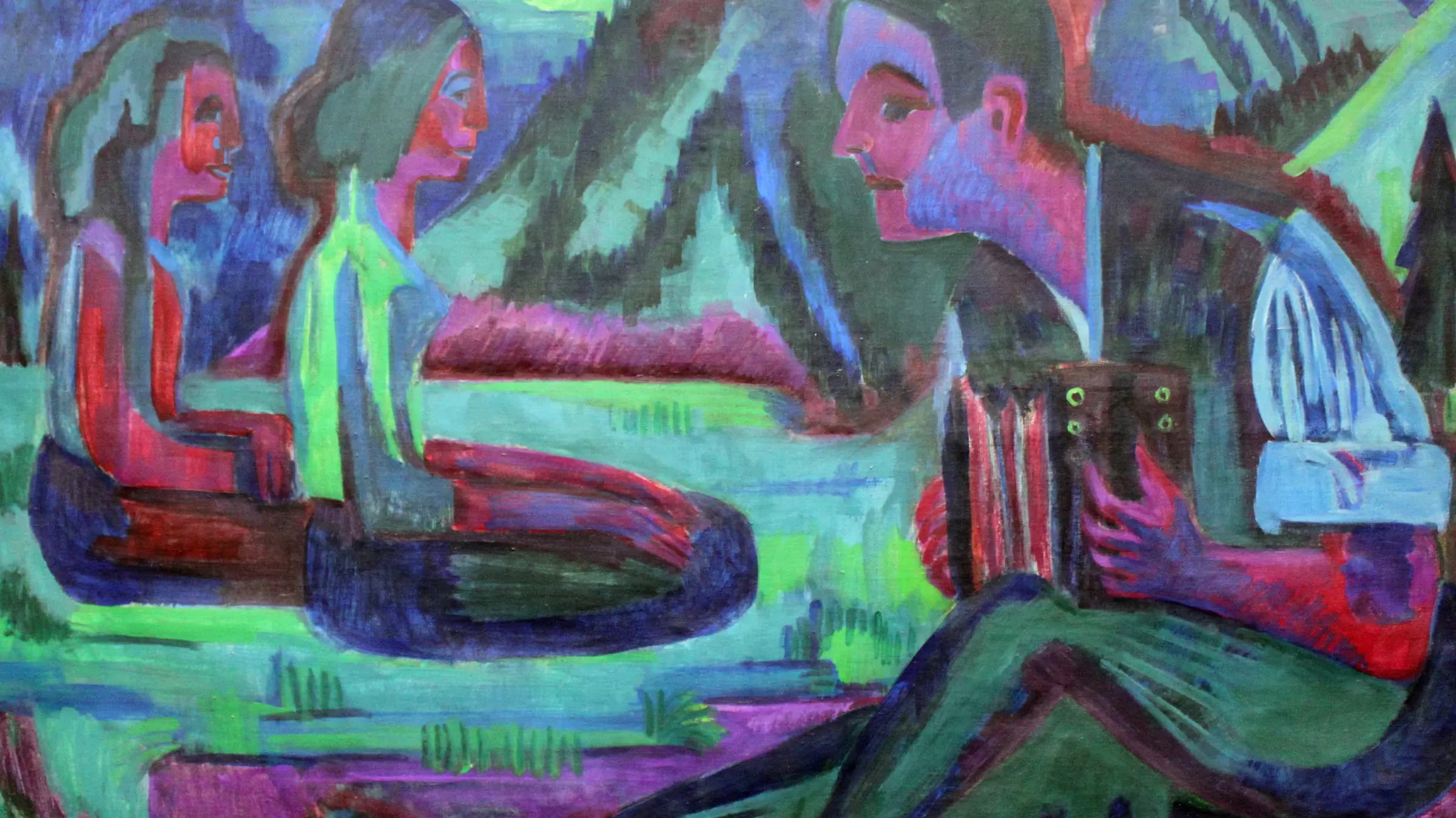 Night Moon; Accordion Player by Moonlight, landscape painting by Ernst Ludwig Kirchner (1924).