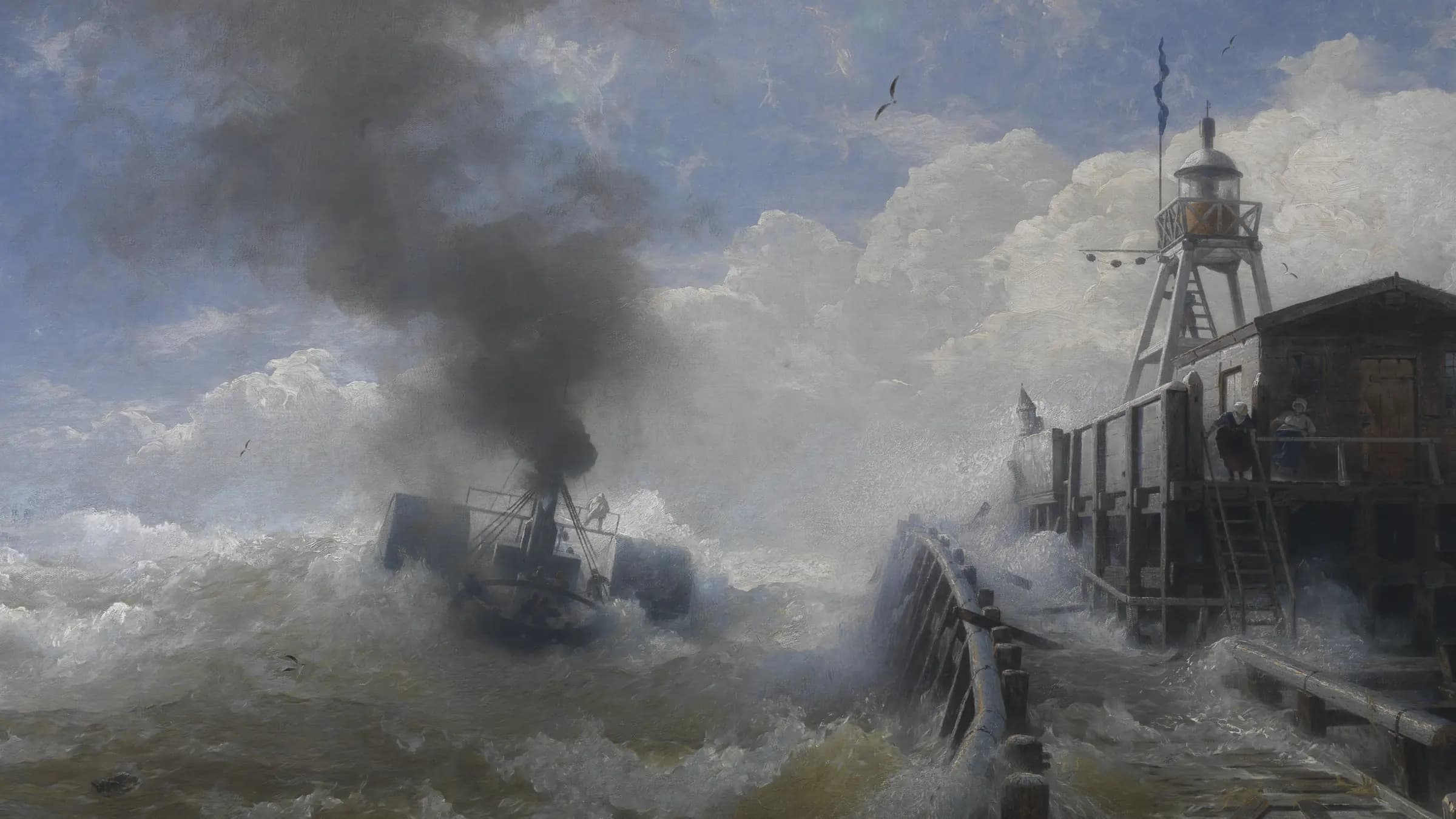 Un remorqueur quitte le port d'Ostende à marée haute Towboat leaving the port of Ostend at heyday, landscape painting by Andreas Achenbach (1878).